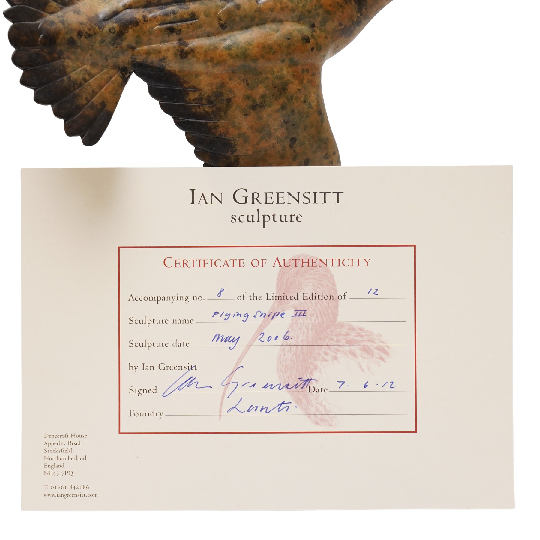 Ian Greensitt (British 1971-): 'Flying Snipe III', patinated bronze signed and numbered 8/12 to base, titled on accompanying COA, H40cm 