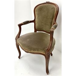 French style armchair, upholstered back, seat and arms, cabriole legs