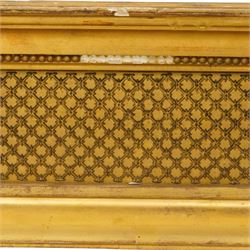Regency style giltwood and composition tripartite overmantel mirror, rectangular frame with stepped cornice above a pierced geometric frieze, central mirror plate flanked by narrow etched floral side plates, with applied rosette paterae and moulded borders