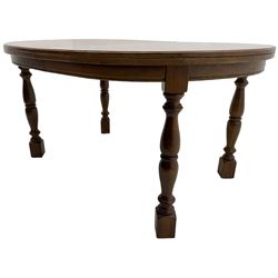 20th century oak dining table, oval top over turned supports