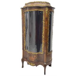 Early 20th century French kingwood vitrine or display cabinet, decorated with applied foliate cast band, serpentine glazed door and sides, inlaid with marquetry decoration of floral bouquets and branches, cartouche mounts to the apron, raised on cabriole supports