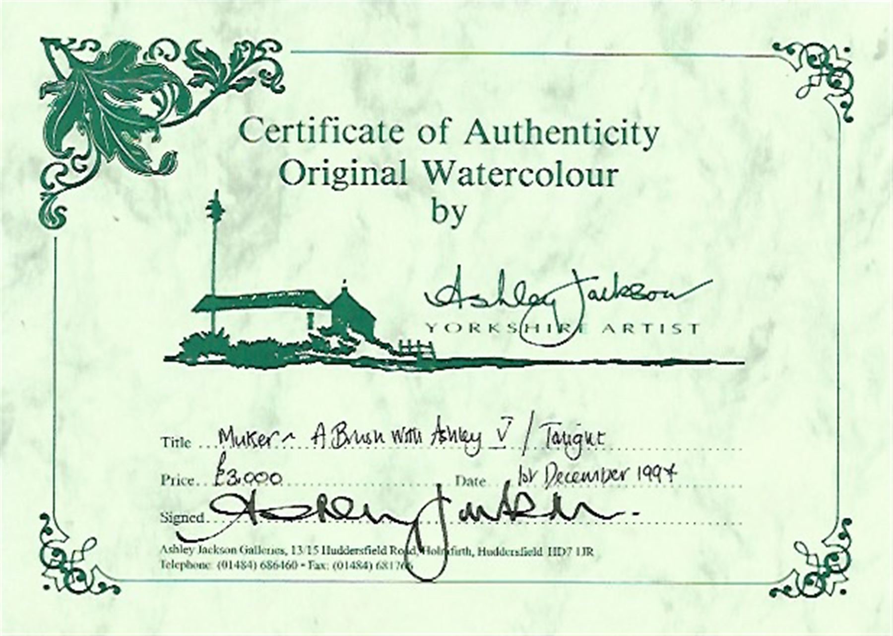 Ashley Jackson (Yorkshire 1940-): 'Muker' Swaledale, watercolour signed, titled on accompanying certificate of authenticity 41cm x 55cm
Provenance: Purchased directly from the artist as part of his TV series 'A Brush with Ashley'