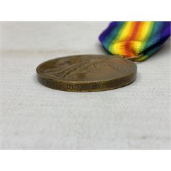 Two WW1 pairs of medals comprising British War Medal and Victory Medal awarded to 24506 Pte. A.E. Warland L.N. Lan. R.; and 1914-15 Star and Victory Medal to 12803 Cpl. J. Evans Devon R.; all with ribbons (4)