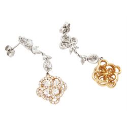 Pair of 18ct white and rose gold diamond pendant stud earrings, white gold set pear, round and marquise diamonds, suspending a cluster of pear cut and round brilliant cut diamonds, set in rose gold, total diamond weight 2.96 carat, with World Gemological Institute report