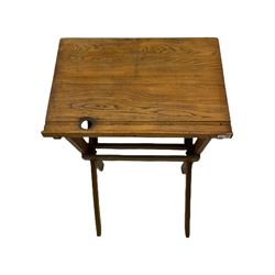 20th century oak folding school desk, Edwardian oval mirror, Victorian shaped and carved headboard, small corner shelf in pine, wheel and stick back carved armchair, and a small stool carved with bear (6)