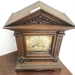  Late 19th century oak architectural cased mantle clock with twin train 'Junghans' movement, and a Victorian black slate mantle clock with 'Japy Freres' movement (no pendulums)  