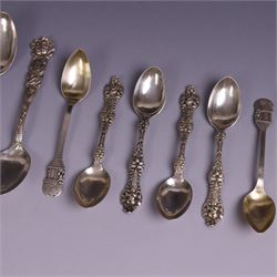 American silver tea and coffee spoons, comprising set of six coffee spoons with embossed lily decoration, set of six teaspoons with embossed rose decoration, both with engraved initials and a pair of Larkin coffee spoons, all stamped Sterling