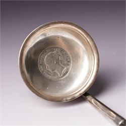 Victorian Scottish silver toddy ladle, the bowl inset with a Victorian shilling coin and with twisted whale bone handle Glasgow 1850 Maker Blaikley & Good, embossed silver drum mustard pot and and an oval mustard pot Sheffield 1902 (3)