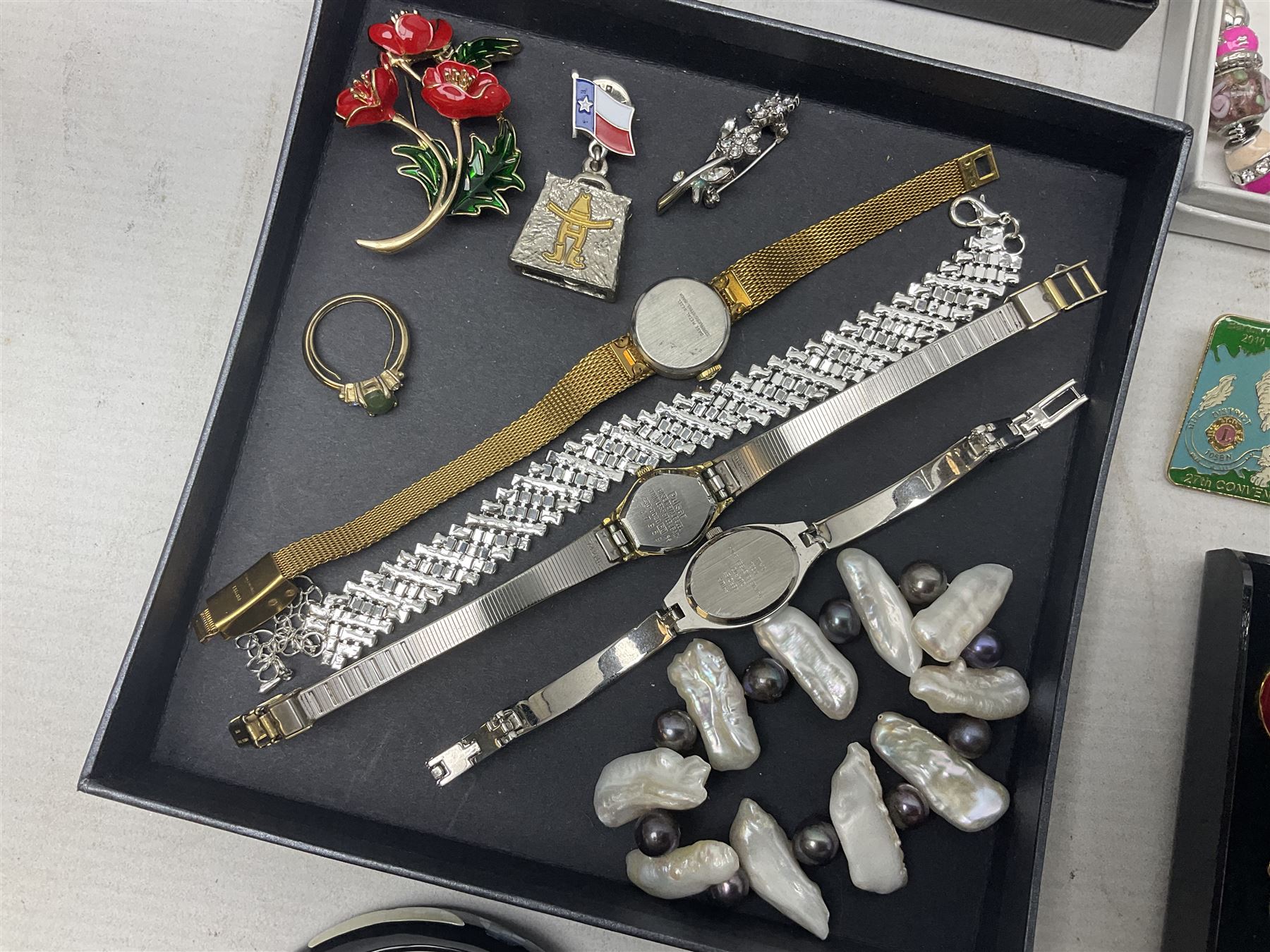 Silver-gilt drip design Lucy Q necklace, designed by Lucy Quartermaine, amber necklaces, silver-gilt stone set heart pendant, 10ct gold single stone set stud earrings, silver interchangeable pearl hoop earrings and a collection of costume jewellery and wristwatches 