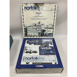 Corgi - two limited edition 1:50 scale heavy haulage vehicle sets comprising CC99129 Norfolk Line with DAF XF Super Space Cab, Curtainside Trailer, Fridge Trailer and History Booklet; and CC99130 Pollock (Scotrans) Ltd. Musselburgh with three fleet tractor units, curtainside trailer and History Booklet; both boxed (2)