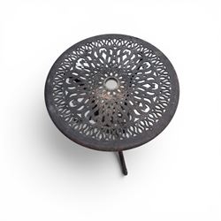 Circular cast aluminium garden table and pair of armchairs chairs with lattice backs in a dark grey finish
