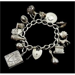 Silver bracelet, with Edwardian and later silver charms including Adam and Eve apple, stamp envelope holder by Albert Ernest Jenkins, Chester 1903, poodle, peacock, clam and dog house