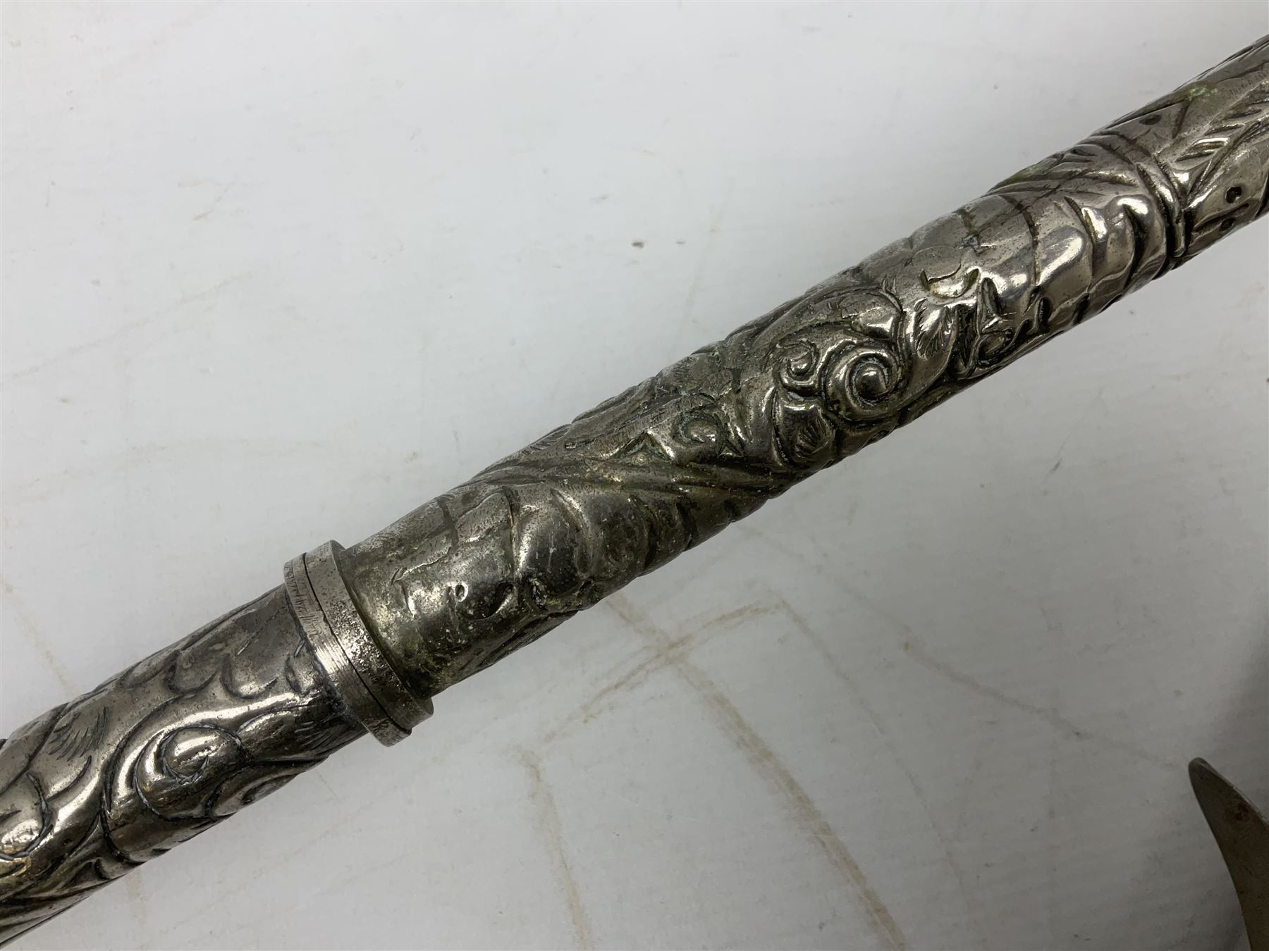 Reproduction non-firing flintlock pistol with brass skull crusher butt, the lock-plate inscribed 'Tower' and 'GR' L40cm; Sabre Japan Original Bowie Knife in sheath; and Indian embossed nickel two-piece walking cane (3)