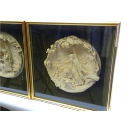  Pair of relief moulded circular plaques after Pierre Alexandre Schoenewerk (French 1820-1885) Ruth 'Among The Alien Corn' & Rebecca At The Well', presented in gilt square glazed frames, 24cm x 24cm   