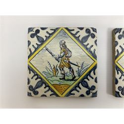 Twelve 18th century Delft tiles decorated in polychrome with Cavaliers, H13cm W13cm D1cm