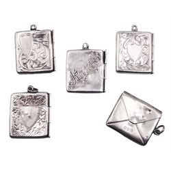 Five early 20th century silver stamp holders modelled in the form of envelopes, comprising three foliate engraved examples, and two plain examples, one with applied detail 'Stamps' verso, hallmarked Albert Ernest Jenkins, (makers mark to one example worn and indistinct),  Chester 1904, 1906, 1908 and 1912, approximate total weight 0.60 ozt (18.6 grams)