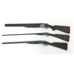  Miroku over and under 12bore shotgun, 26in barrels with engraved action and walnut stock, No.2277306, L112cm, a Sabel side by side 12 bore shotgun, 26in barrels, No. 62546, L108cm and a Lambert Dumoulin folding Poachesrs type gun and a shotgun cartridge leather belt (3) RFD ONLY  