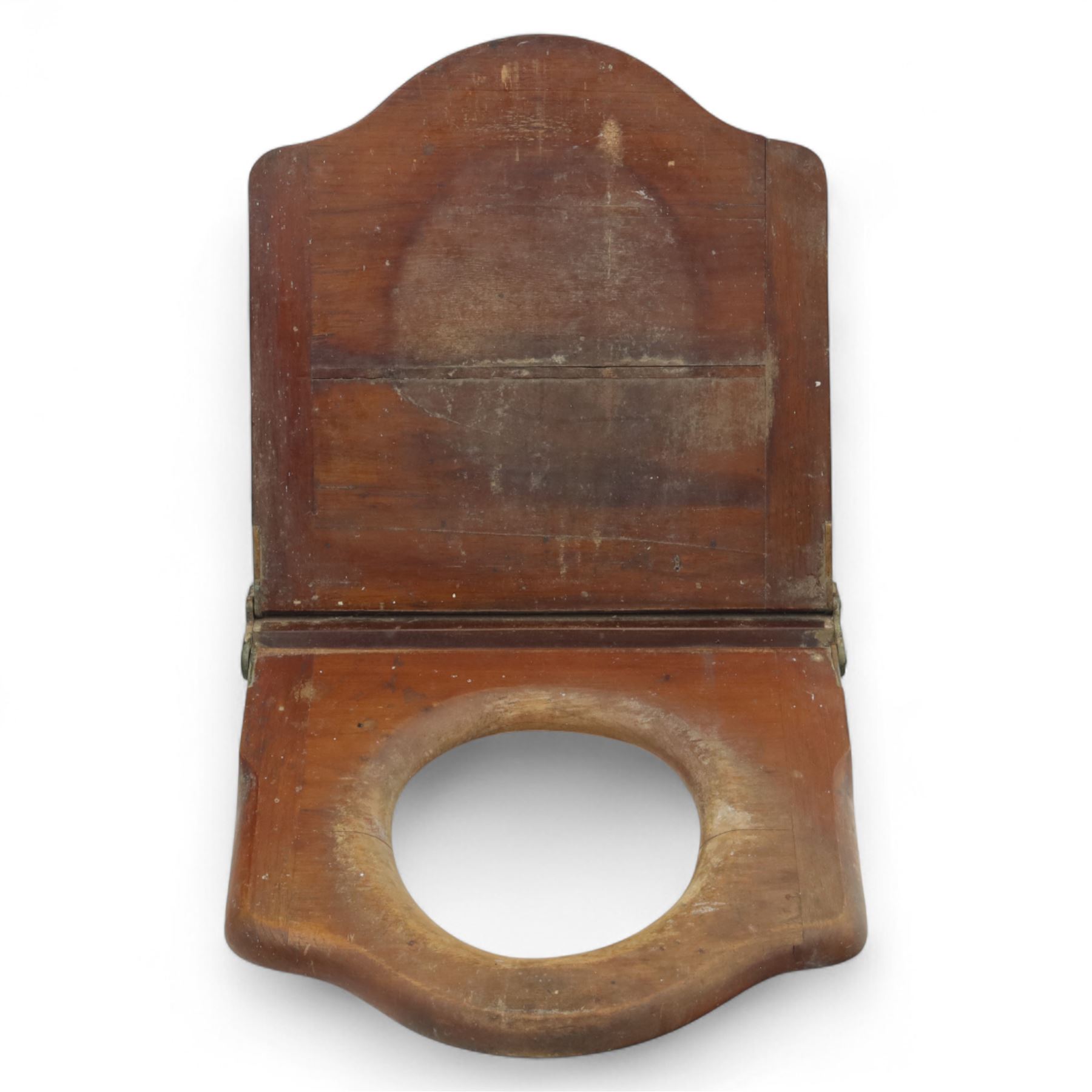 Victorian mahogany toilet seat, shaped hinged lid with moulded edge and circular aperture, of solid construction