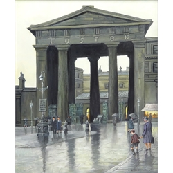  Steven Scholes (Northern British 1952-): 'The Euston Arch Euston Station London 1956', oil on canvas signed, titled verso 20cm x 24cm  
