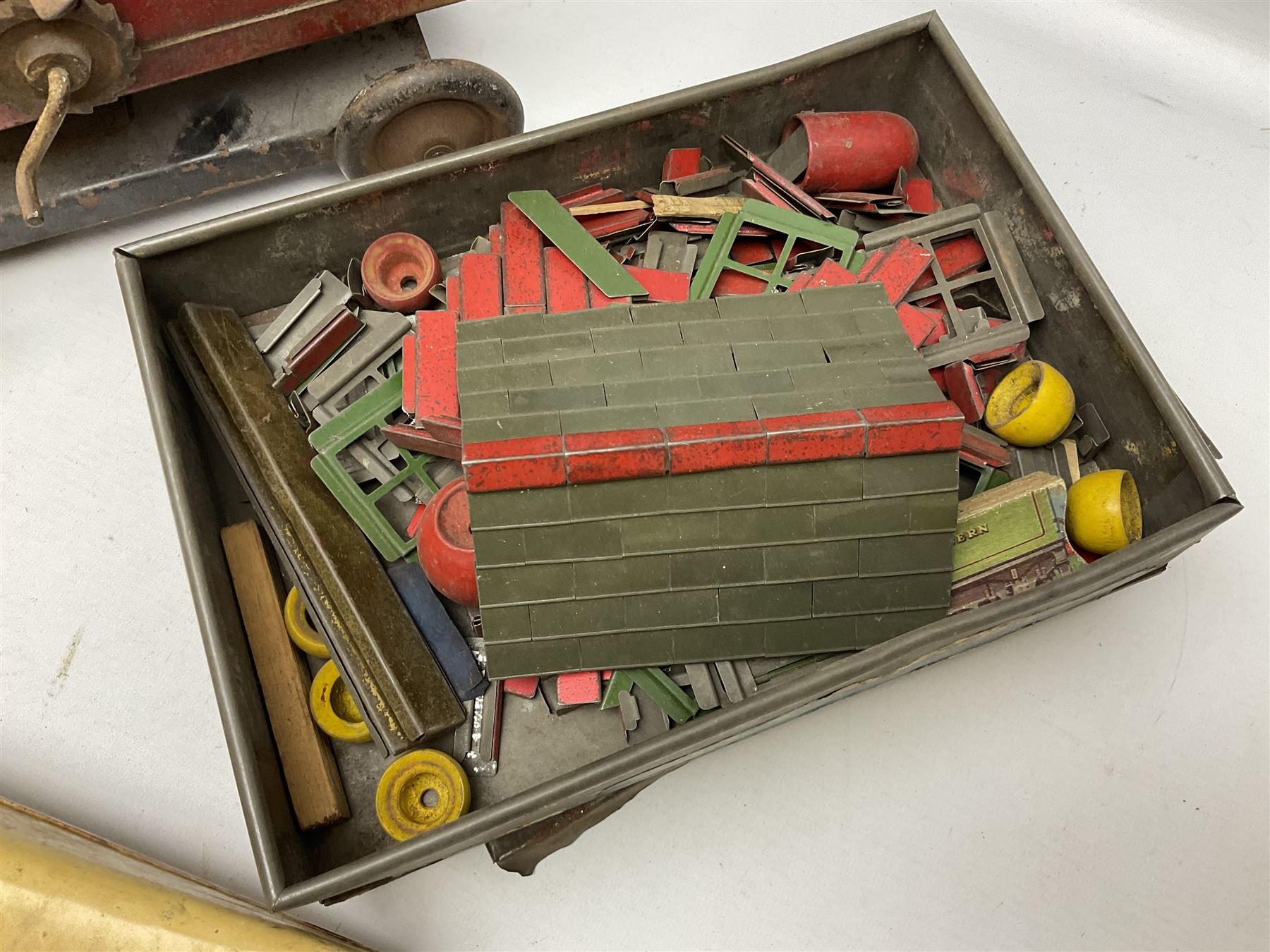 Hornby Racer 3 speedboat L45cm; pre-war Tri-ang sheet steel lorry and mobile crane; quantity of lead soldiers by Johillco etc; Tri-ang Minic clockwork Royal Mail Van; and part set of tin-plate construction pieces; all unboxed