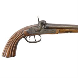 Mid 19th century double-barrelled Italian percussion pistol, smooth, round, 14 mm cal. barrels, forward spring lock engraved with floral motifs; wooden stock with grooved butt and engraved iron mounts, L35cm