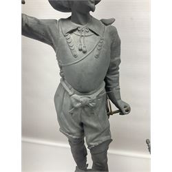 Pair of spelter figures modeled as Cavaliers, together with a spelter figure of Joan of Arc, largest H52cm
