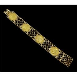 Gold half sovereign bracelet, four loose mounted sovereigns including 1883 shield back, 1892 shield back, 1899 and 1911, in 9ct gold blue and white cubic zirconia openwork bracelet