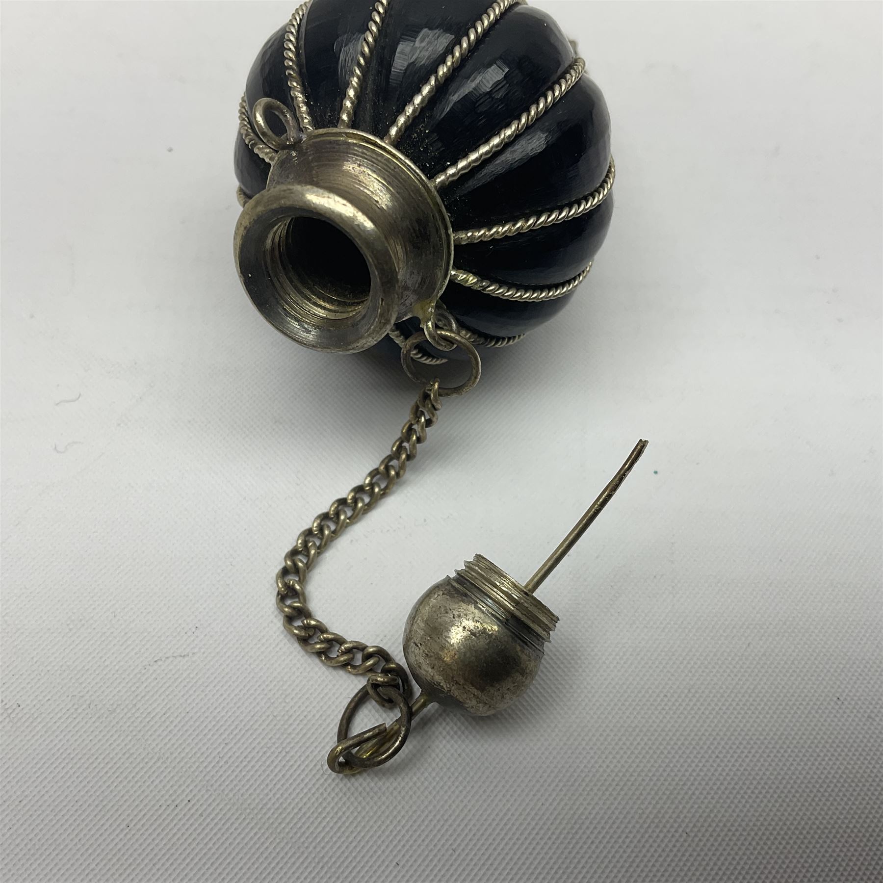 Chinese ceramic bowl, painted with floral and foliate decoration on a white ground, together with a similar much smaller Chinese bowl, painted with mountain scene to centre and covered by basket weave to exterior and a white metal mounted pear shaped scent bottle, largest bowl D11cm