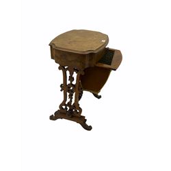 Victorian figured walnut work table, the shaped moulded top over single drawer and upholstered bag, shaped end supports with pierced decoration joined by turned stretcher, splay scroll carved supports