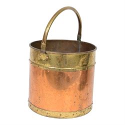 19th century rivetted copper and brass coal bucket  with swing handle, H30cm, D32cm