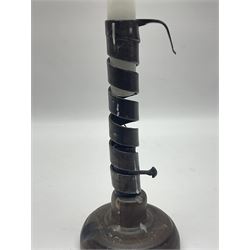 18th century spiral rat de cave candlestick on domed wooden base, H20cm