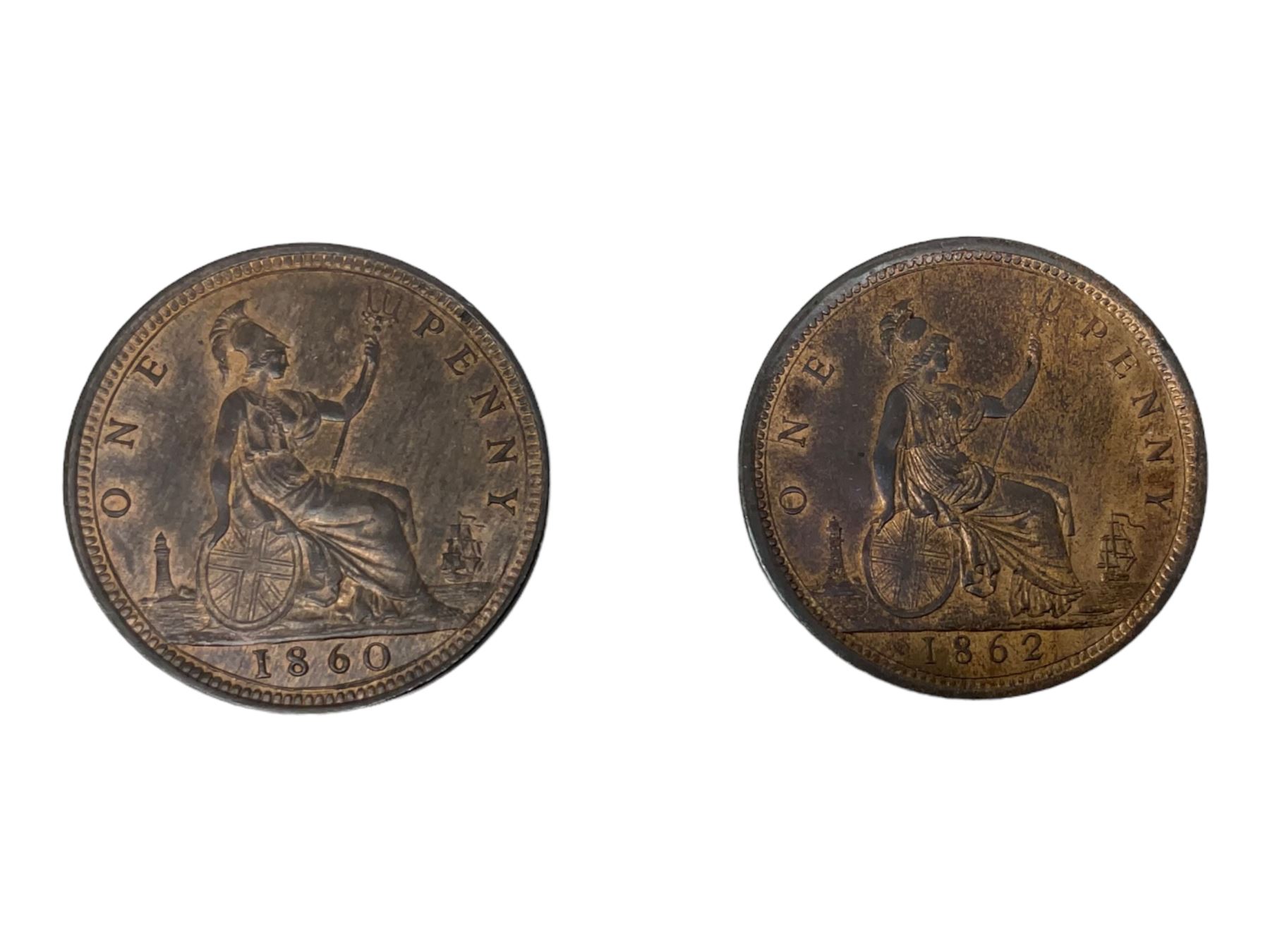 Two Queen Victoria 'bun head' penny coins, dated 1860 and 1862