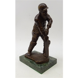  Bronze figure of W G Grace, playing a forward defensive cricket shot on rectangular marble plinth, signed W G Grace, H30cm   