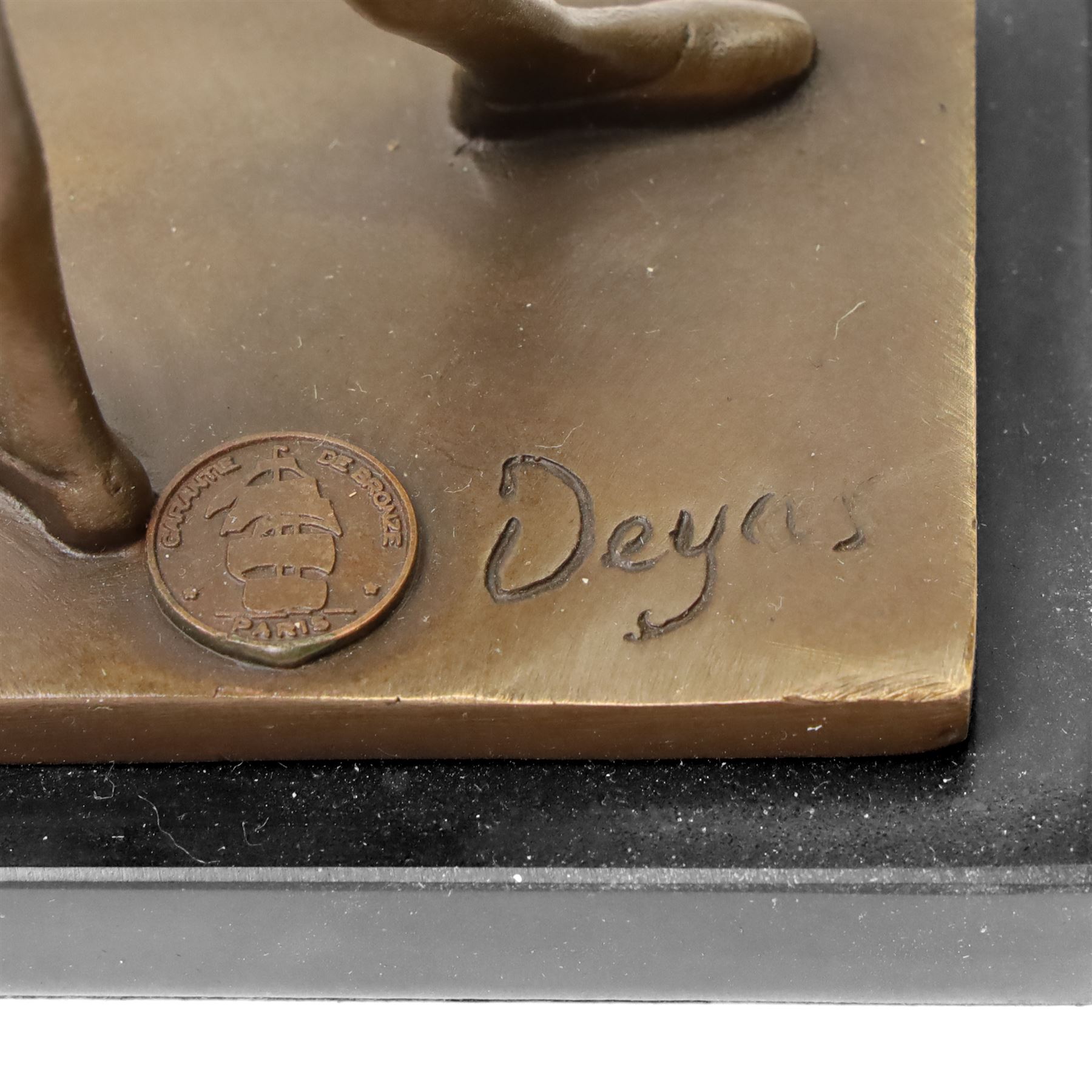 After Edgar Degas (French 1834-1917): La Petite Danseuse de Quatorze Ans, small bronze figure modelled as a young female dancer, bearing signature and with foundry mark, raised upon a rectangular base, H18.5cm