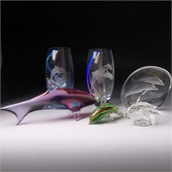 Mats Jonasson Signature Collection glass dolphin, two Caithness glass vases with dolphin d...