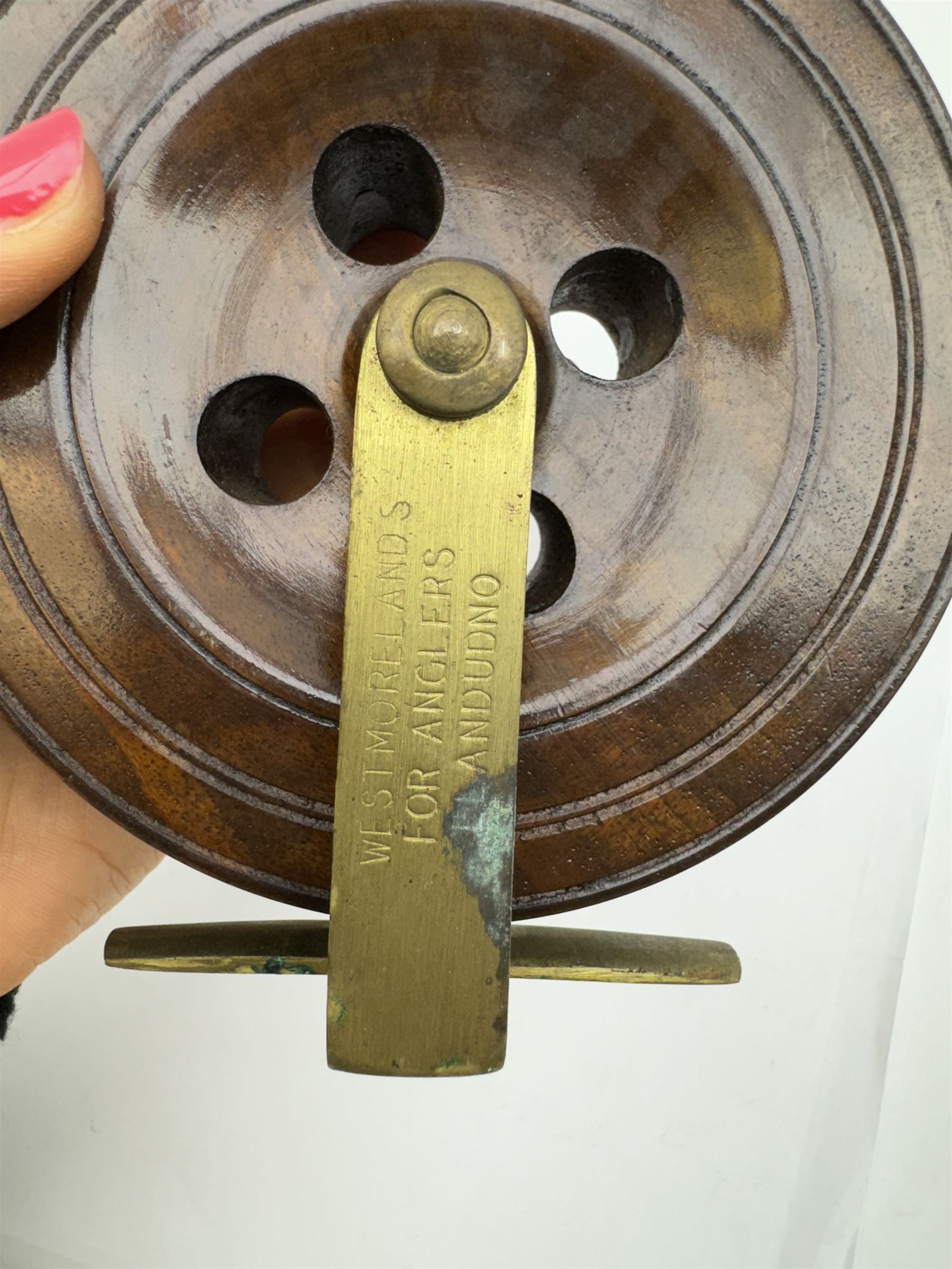 D. Slater, Newark, wood, alloy and brass star-back centre pin reel,  together with three other wooden/alloy reels including Edge Elite, Milbro Pelican and one other 