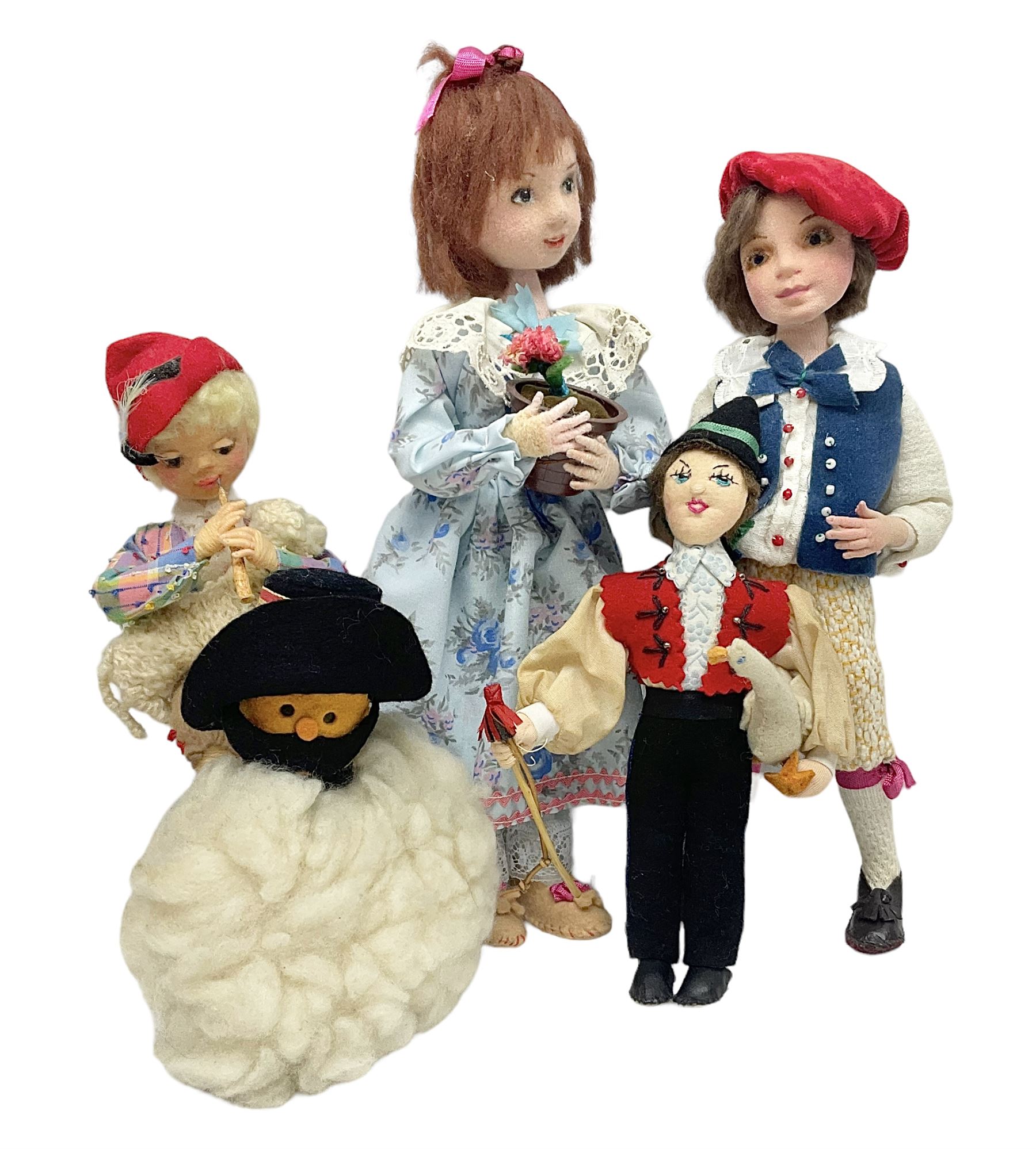 Anna Meszaros Hungary - five hand made needlework figurines including goose girl with stick H20cm; shepherdess in a sitting pose playing a penny whistle with a lamb on her knee; young girl holding a flowerpot; and two others (5)  Auctioneer's Note: Anna Meszaros came to England from her native Hungary in 1959 to marry an English businessman she met while demonstrating her art at the 1958 Brussels Exhibition. Shortly before she left for England she was awarded the title of Folk Artist Master by the Hungarian Government. Anna was a gifted painter of mainly portraits and sculptress before starting to make her figurines which are completely hand made and unique, each with a character and expression of its own. The hands, feet and face are sculptured by layering the material and pulling the features into place with needle and thread. She died in Hull in 1998.