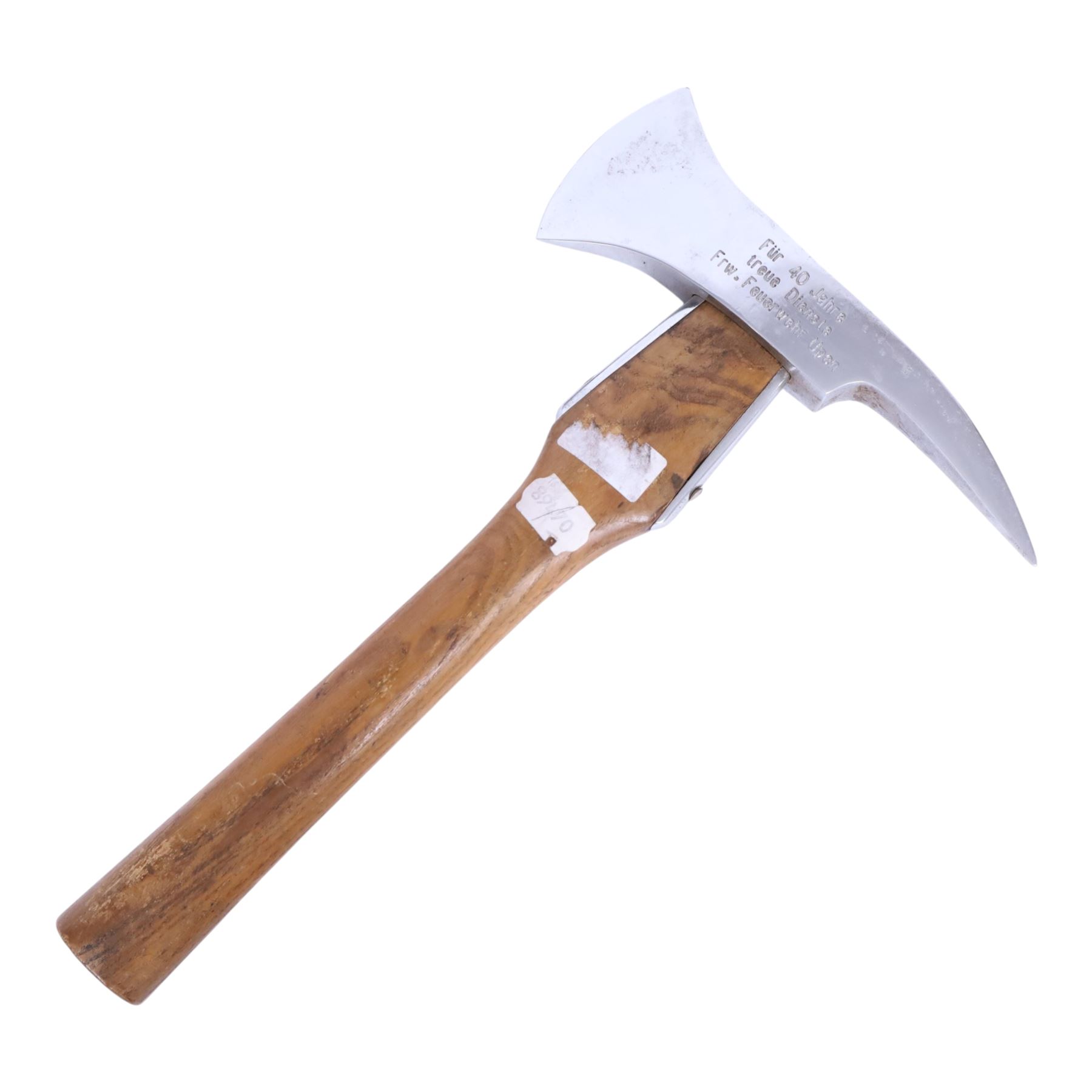 German Fire Service Presentation Axe, the chromed steel head stamped ''Fur 40 Jahre treue Dienste Frw.Feuerwehr Upen'', with ash handle and leather sheath, H38cm 