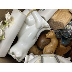 Japanese ceramic egg, three Japanese plates, various cat figures, treen etc in two boxes