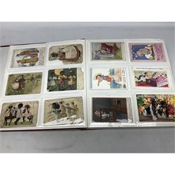 Modern album containing over four hundred Edwardian and later postcards including fourteen Mabel Lucie Attwell, Margaret Tarrant, Home Guard silhouettes, multiple babies, comic, applique, real photographic and printed topographical, greetings etc