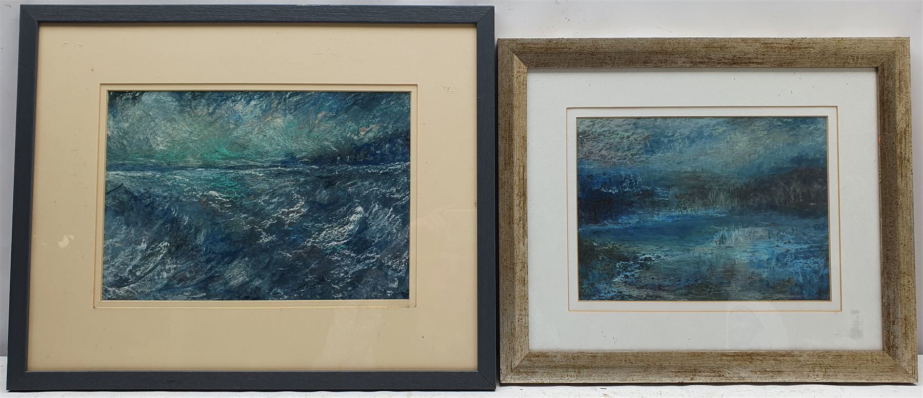 Madeleine Eyland (Belgian/British 1930-2021): Coastal Landscapes, two pastels signed, titled verso 22cm x 32cm and 20cm x 27cm (2) 
Provenance: artist's studio collection. Marie-Madeleine Eyland (neé Legrain) was born in 1930 at Floriffoux, Belgium; she lived most of her life in Scarborough working as a nurse and an artist.