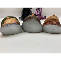 Three Legend Products plaster head wall plaques, comprising The Tinker, Jock and The Bosun, together with two The Leonardo Collection figures Sophistication and Desire, tallest H35cm, Quantity of animal figures and figure groups, to include ceramic and composite examples of dolphins, birds, Shire horses etc, in two boxes