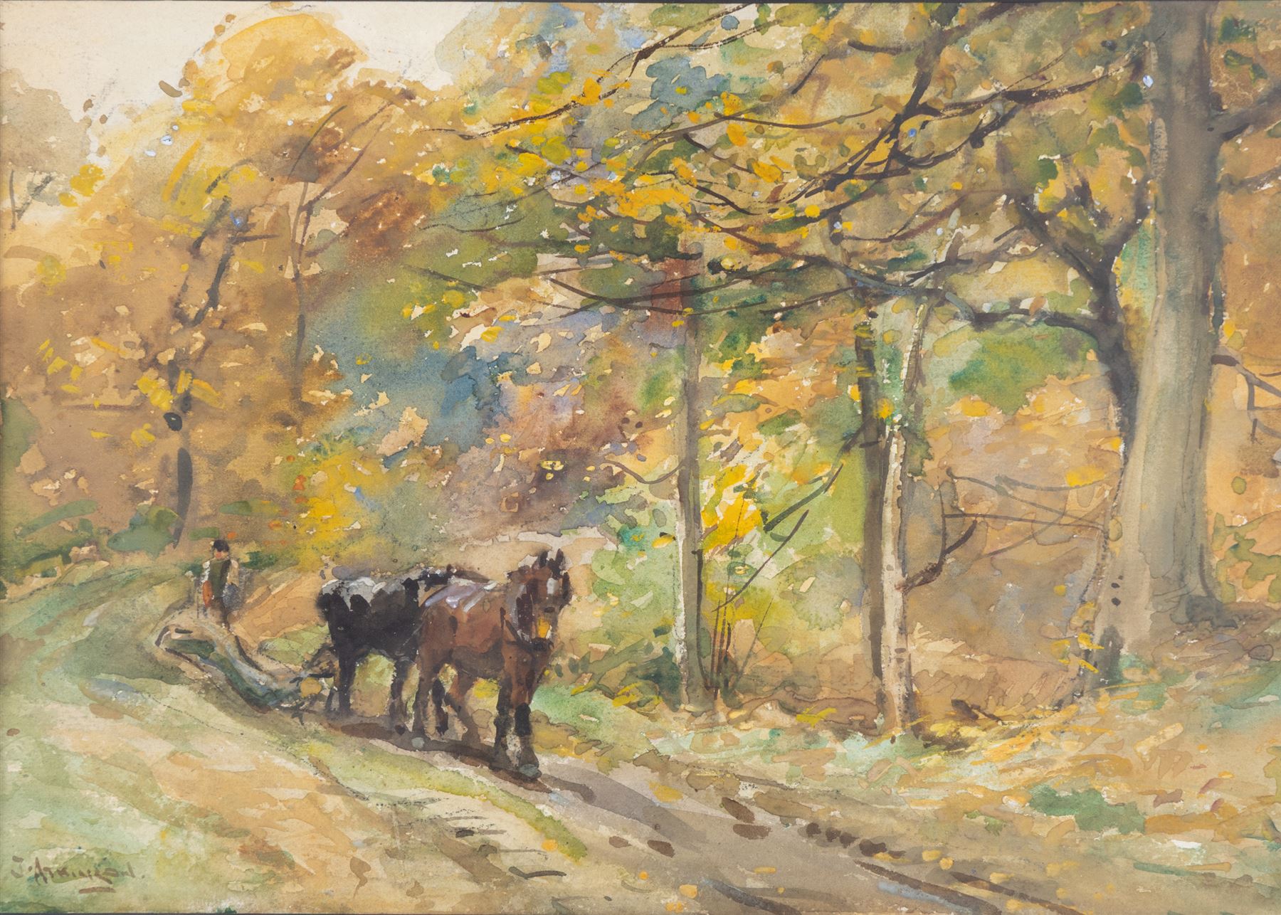 John Atkinson (Staithes Group 1863-1924): Horses Logging in Autumn, watercolour signed 24cm x 34cm 