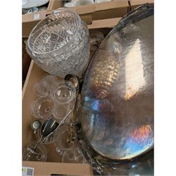 Collection of silver plate including twin-handled tray, cut glass, ceramics and other collectibles, in five boxes