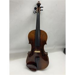 German trade violin c1900 stamped PAGANINI with 35.5cm two-piece maple back and ribs and spruce top L58.5cm overall; in carrying case; and another German trade violin for spares or repair; in carrying case (2)