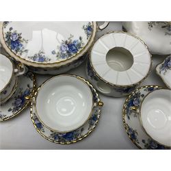 Royal Albert Moonlight Rose pattern dinner service for six, to include, dinner plates, bowls, soup bowls, twin handled soup bowls with saucers, twelve side plates, twin handled soup tureen with cover, twin handled serving dish and cover, sauce boat and saucer, teapot and warmer etc (51)