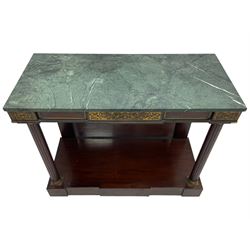 Late 19th century mahogany console or pier table, rectangular green marble top over a break-front frieze inlaid with brass scroll work panels, reed and ribbon gilt metal and wooden beaded applied mouldings, on turned and fluted front supports, plain mirror back over plinth platform base