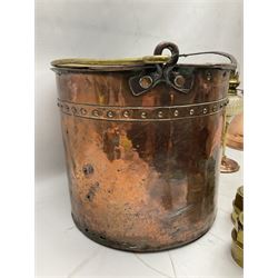 Large 19th century brass and copper bucket, with rivets, swing handle and removable zinc liner, together with Bright & Co Argand brass and copper oil lamp with cut clear glass reservoir, copper horn, flagon etc, bucket D33cm