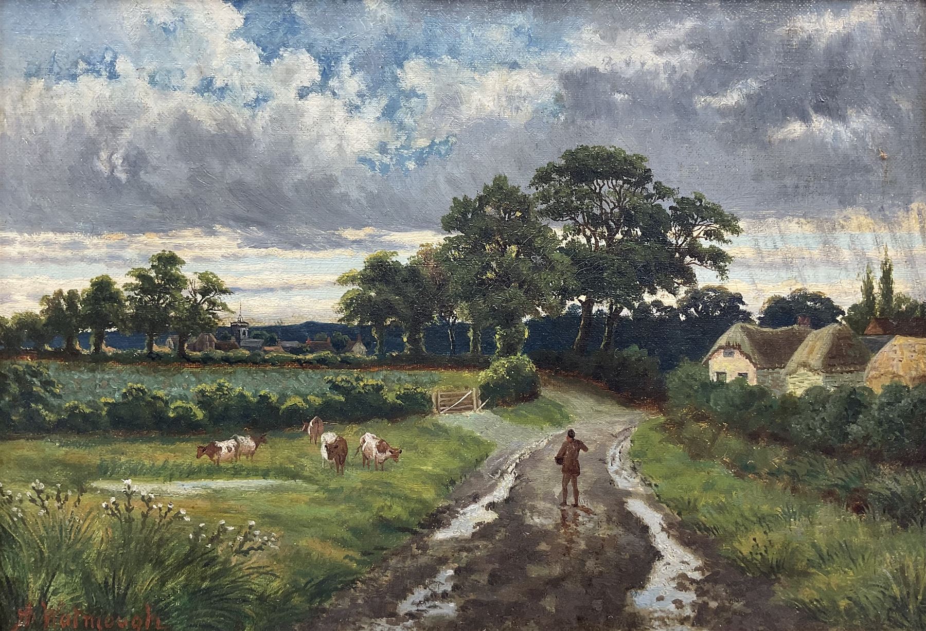 Amos Watmough (British fl.1884-1912): 'Homeward Bound', oil on canvas signed, titled and with 1951 City of Bradford Cartwright Memorial Hall - Bradford Artists Exhibition label verso 23.5cm x 34.5cm 