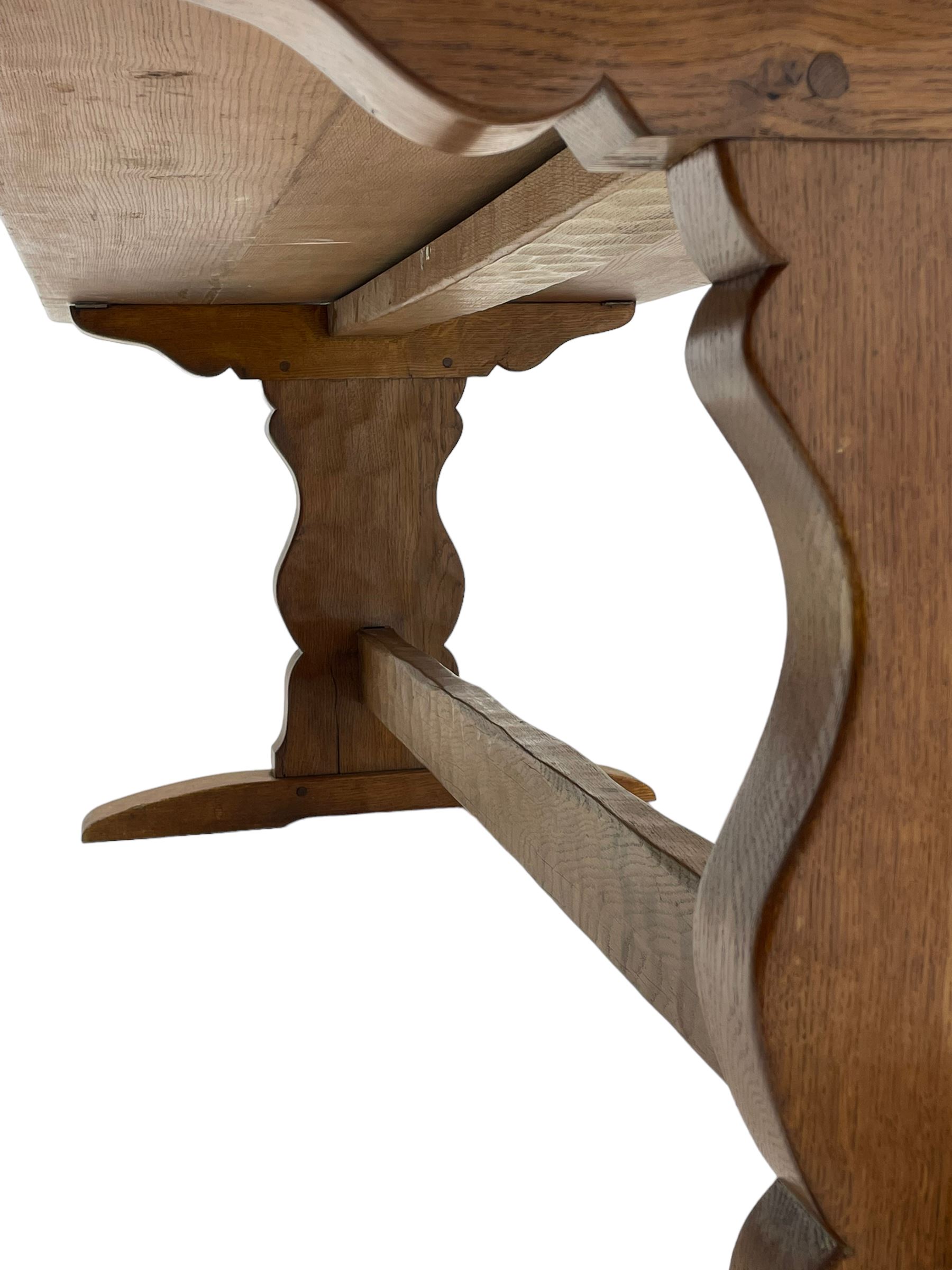 Gnomeman - large oak refectory dining table, rectangular adzed top on shaped end supports with sledge feet, united by pegged stretcher, carved with gnome signature, by Thomas Whittaker, Little Beck